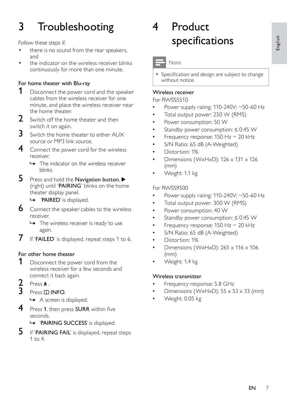 Connect power cord, 3 troubleshooting, 4 product specifications | Philips RWSS9500 User Manual | Page 7 / 8