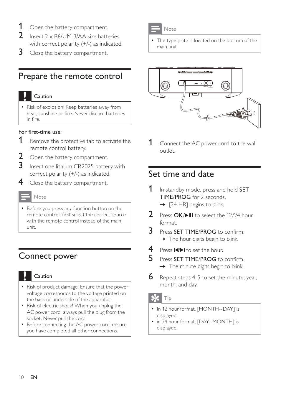 Set time and date 1, Prepare the remote control, Connect power | Philips DC290/93 User Manual | Page 10 / 18