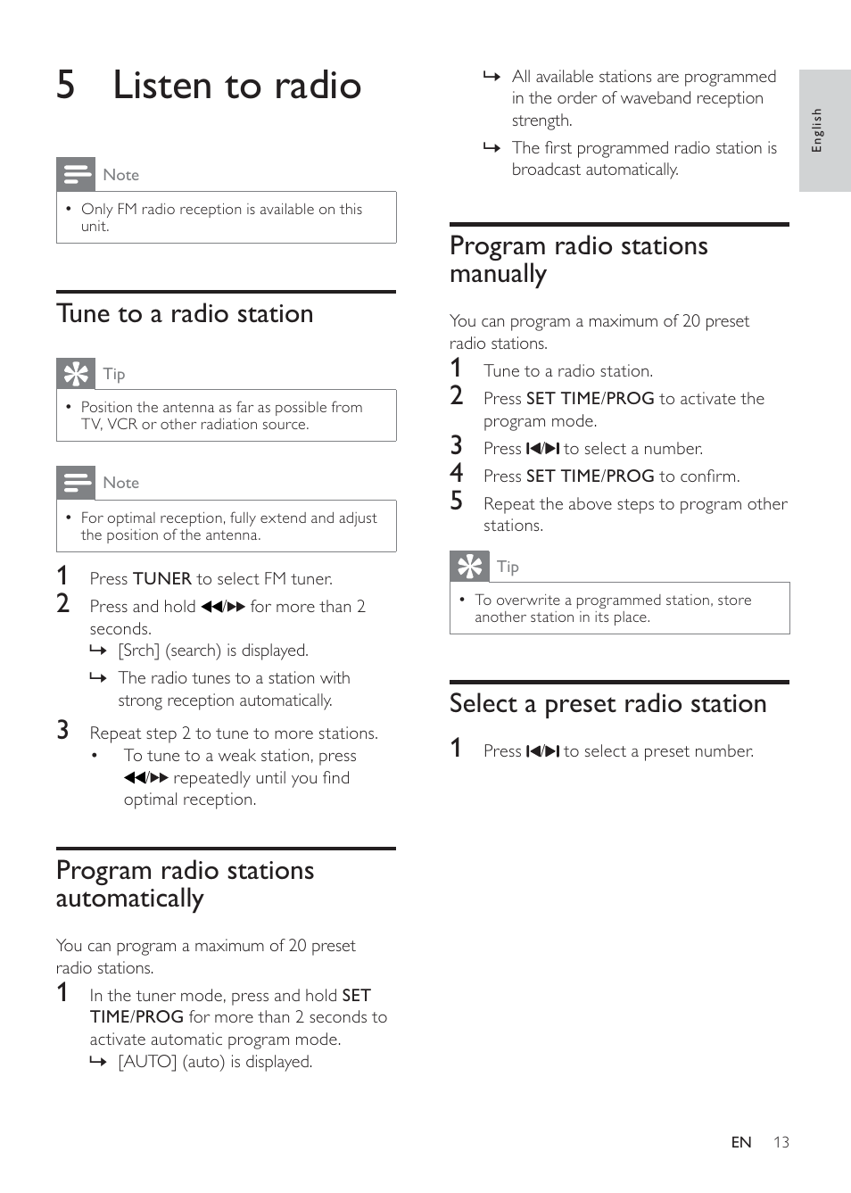 5 listen to radio, Program radio stations manually, Select a preset radio station 1 | Tune to a radio station, Program radio stations automatically | Philips DC290/93 User Manual | Page 13 / 18