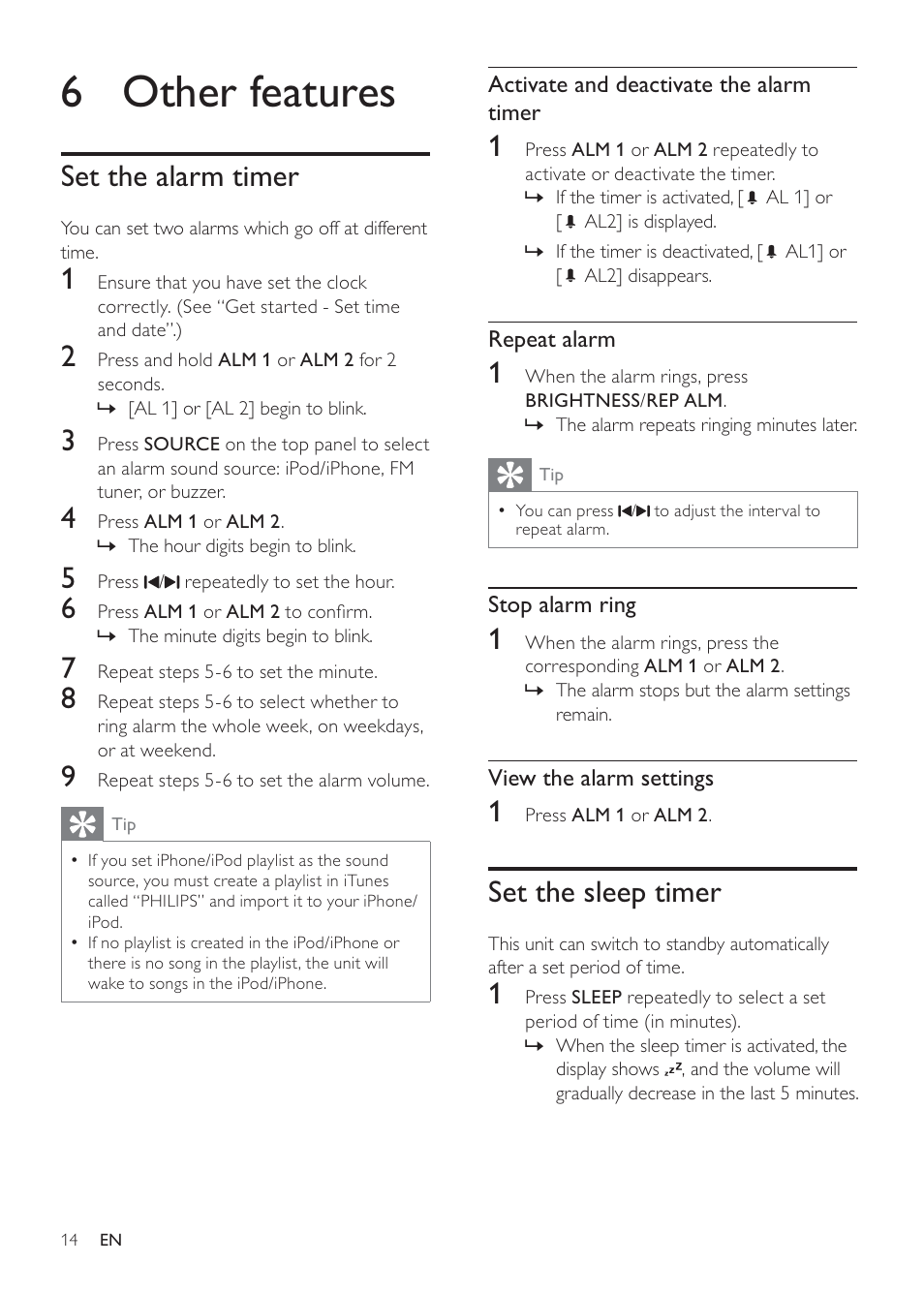 6 other features, Set the sleep timer, Set the alarm timer | Philips DC290/93 User Manual | Page 14 / 18