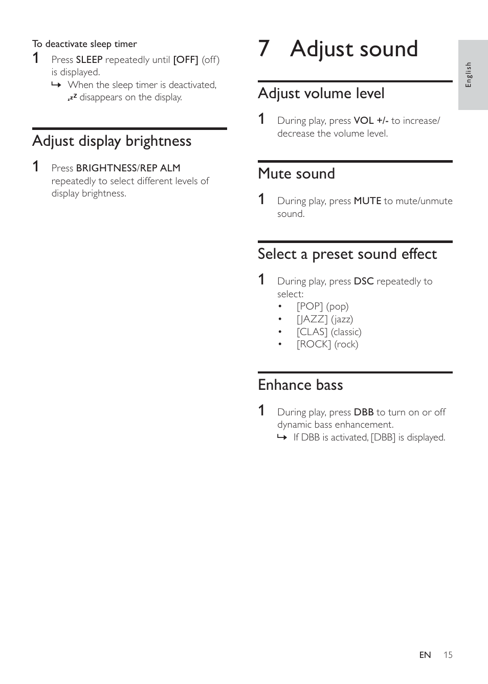 7 adjust sound, Adjust volume level 1, Mute sound 1 | Select a preset sound effect 1, Enhance bass 1, Adjust display brightness 1 | Philips DC290/93 User Manual | Page 15 / 18