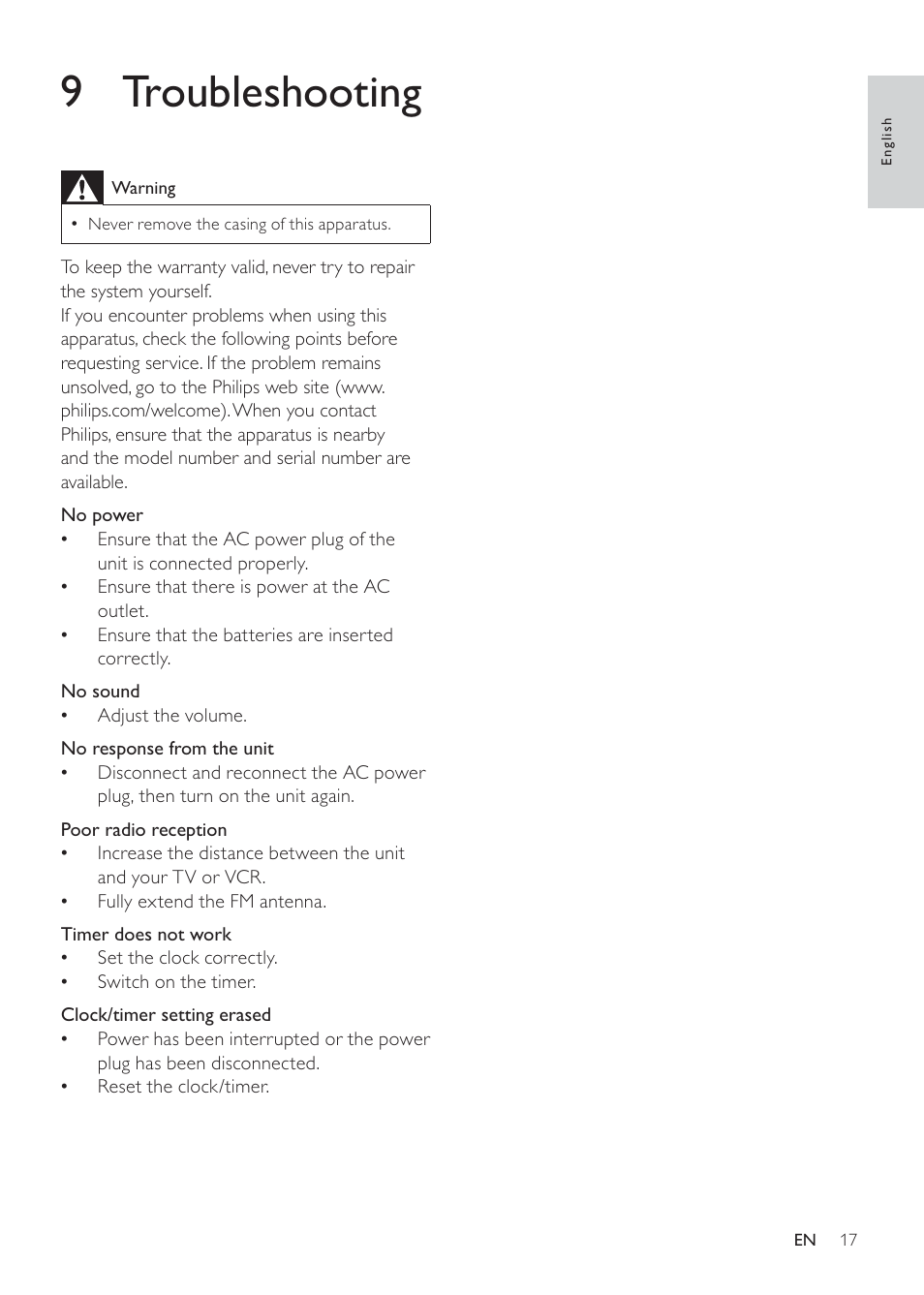 9 troubleshooting | Philips DC290/93 User Manual | Page 17 / 18