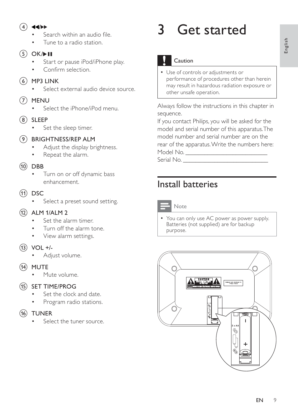 3 get started, Install batteries | Philips DC290/93 User Manual | Page 9 / 18