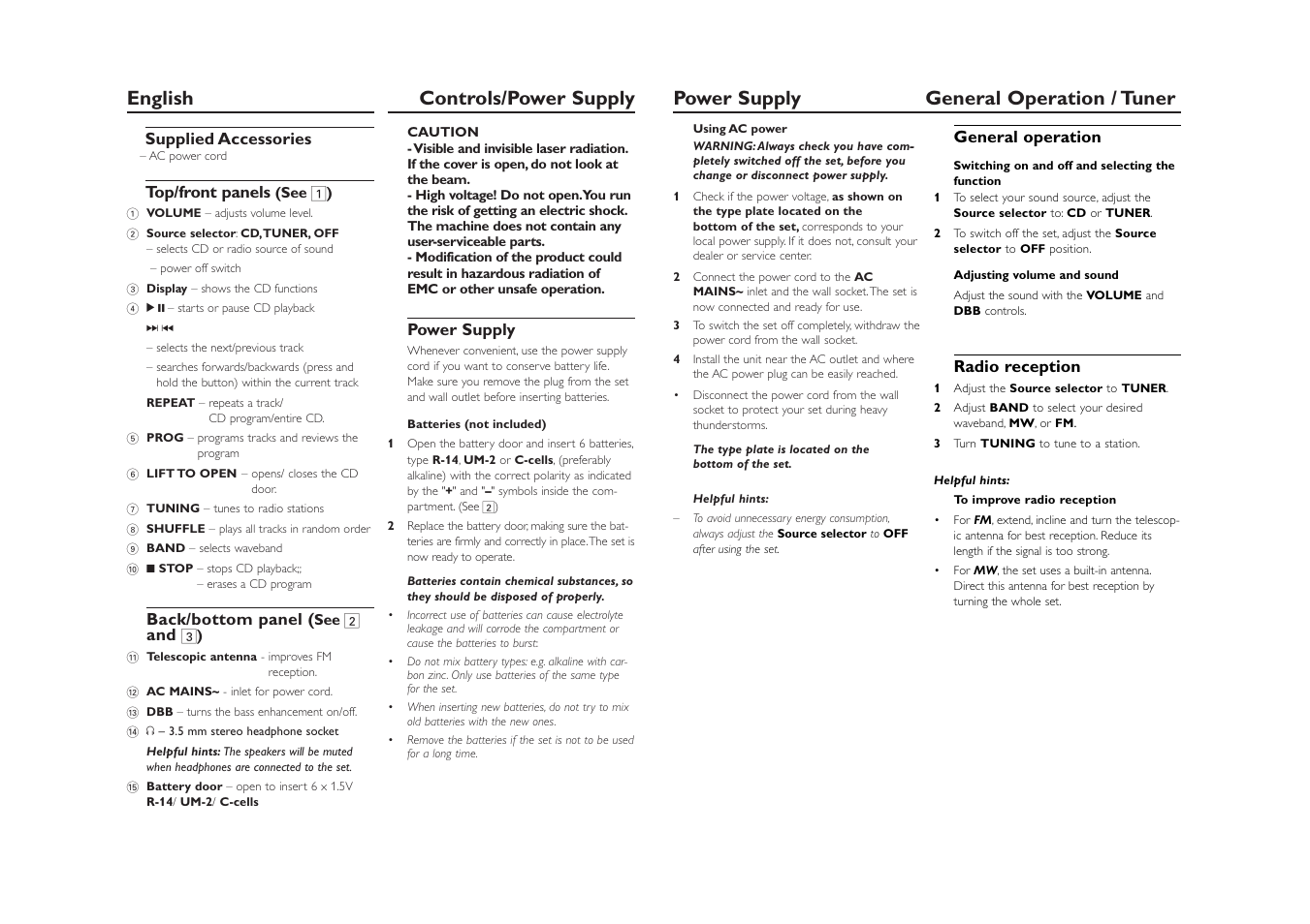 English controls/power supply, Power supply general operation / tuner | Philips CD SOUNDMACHINE AZ1021 User Manual | Page 4 / 6