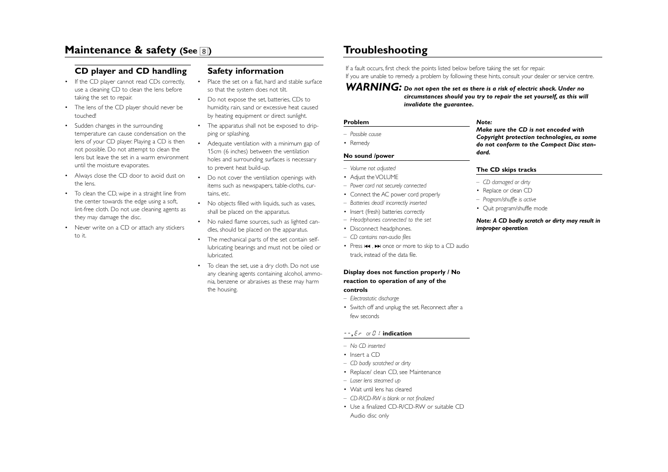 Troubleshooting, Warning, Maintenance & safety | Philips CD SOUNDMACHINE AZ1021 User Manual | Page 6 / 6