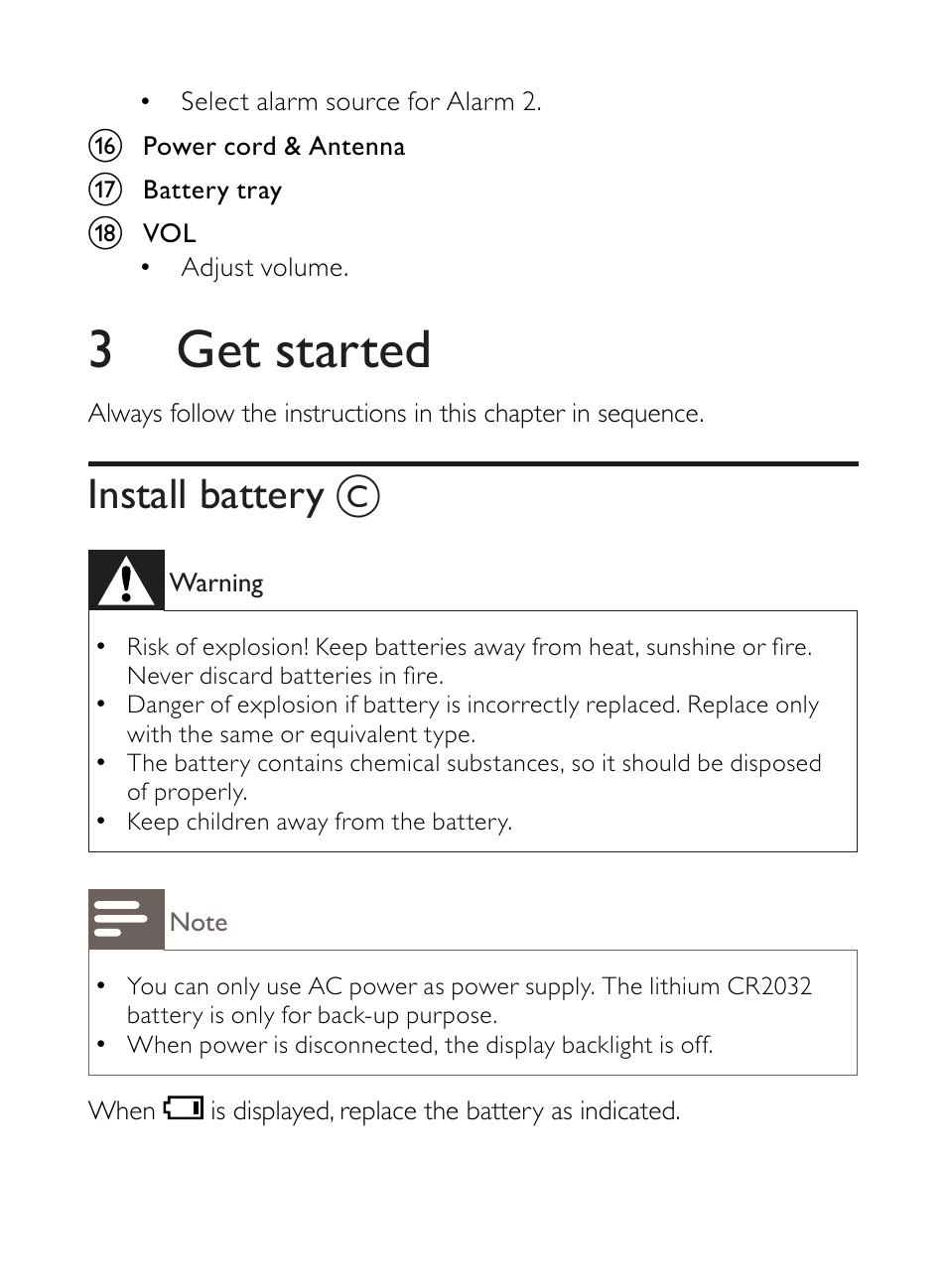 3 get started, Install battery | Philips AJ5000 User Manual | Page 11 / 22