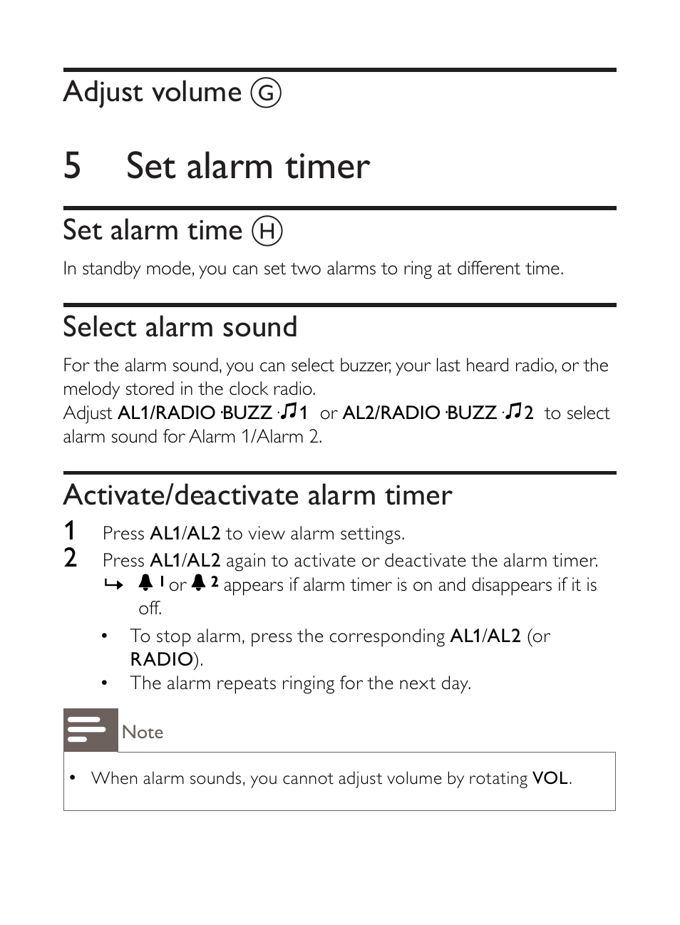 5 set alarm timer, Adjust volume, Set alarm time | Select alarm sound, Activate/deactivate alarm timer | Philips AJ5000 User Manual | Page 15 / 22