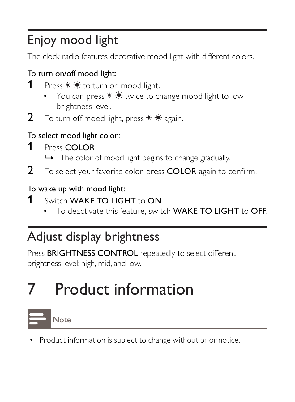 7 product information, Enjoy mood light, Adjust display brightness | Philips AJ5000 User Manual | Page 17 / 22