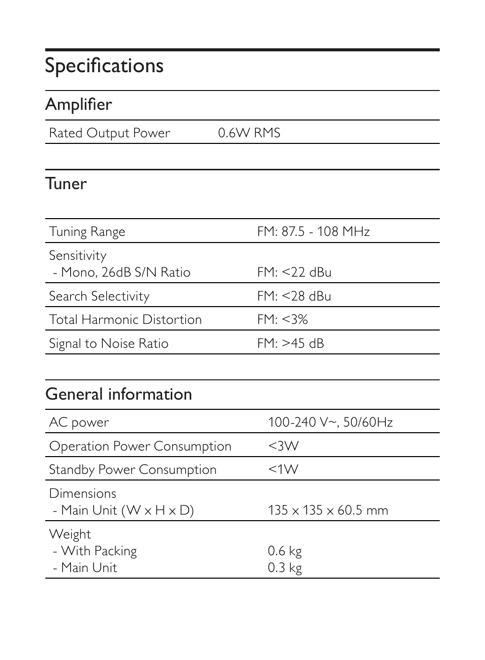 Specifications, Amplifier, Tuner | General information | Philips AJ5000 User Manual | Page 18 / 22