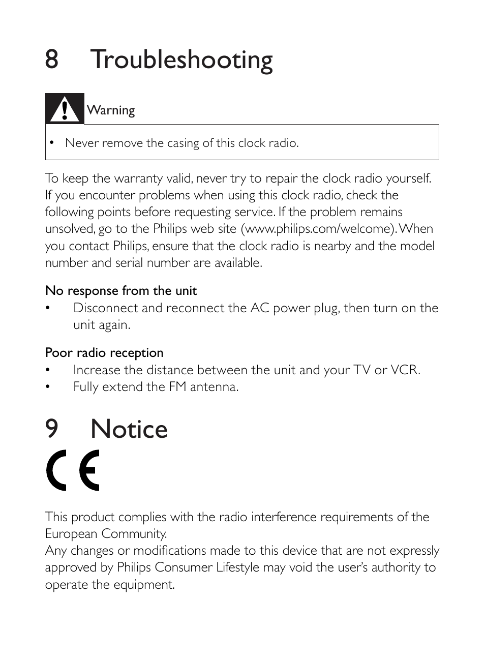 8 troubleshooting, 9 notice | Philips AJ5000 User Manual | Page 19 / 22