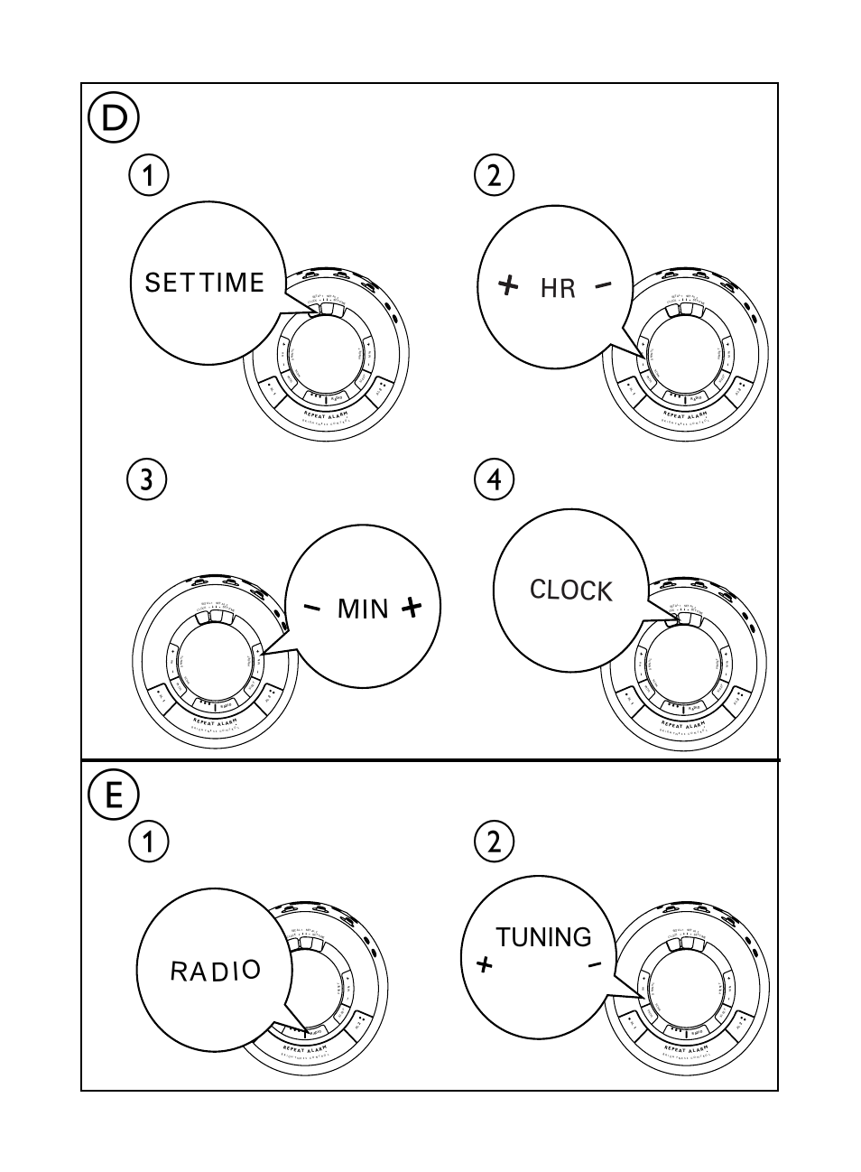 Ab d c, Set time, Min clock | Ra dio tuning | Philips AJ5000 User Manual | Page 5 / 22