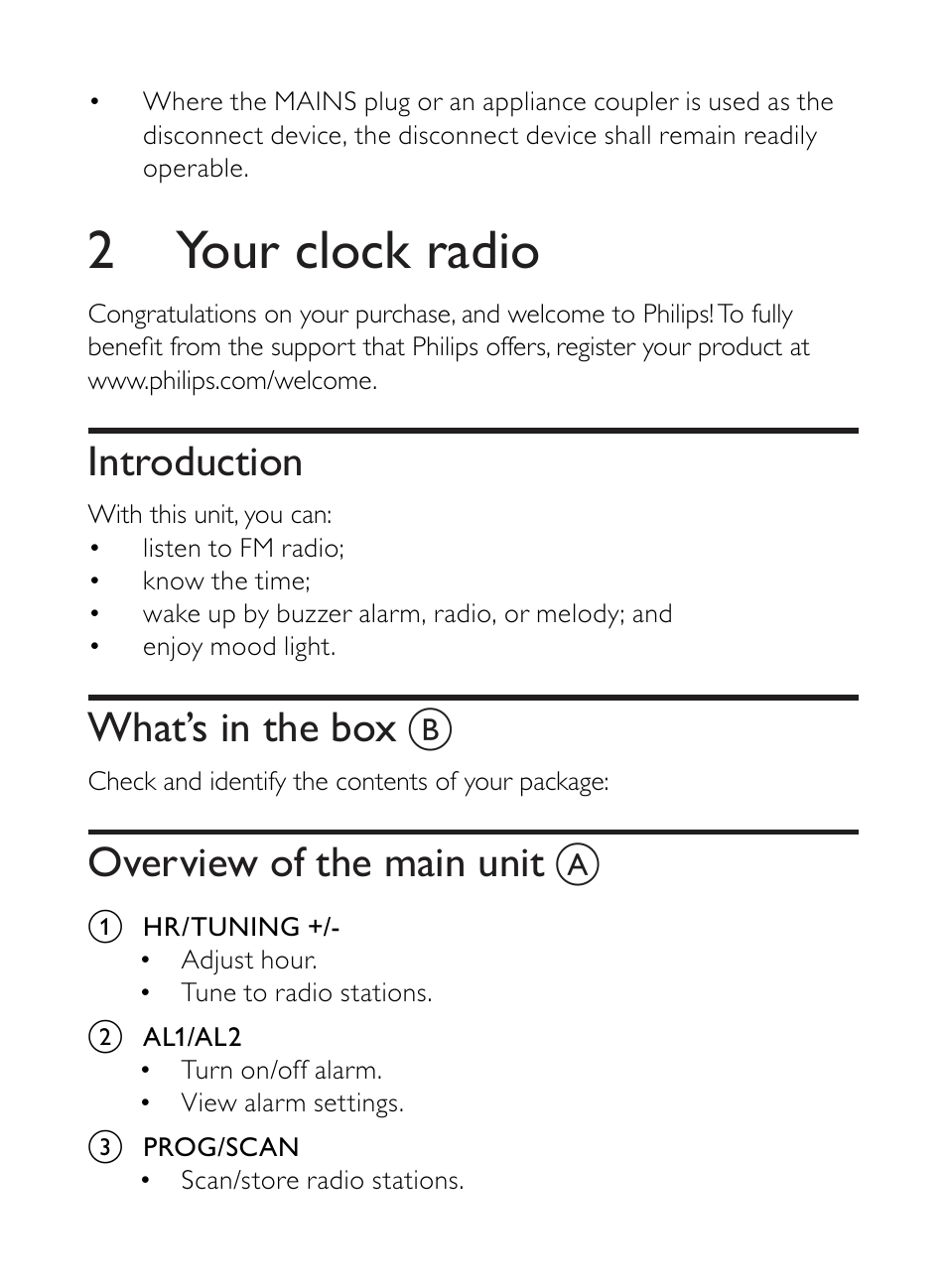 2 your clock radio, Introduction, What’s in the box | Overview of the main unit | Philips AJ5000 User Manual | Page 9 / 22