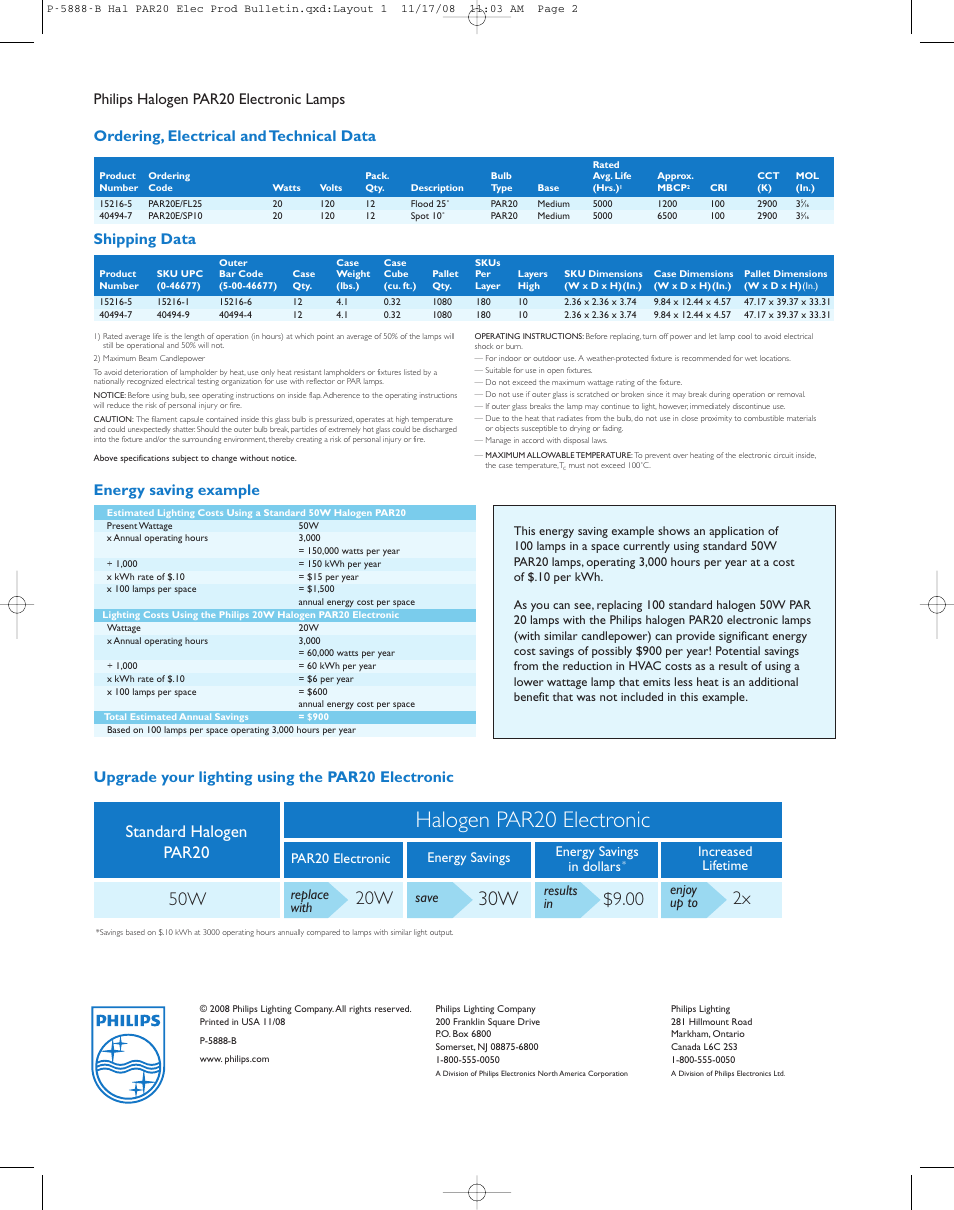 Halogen par20 electronic, Standard halogen par20, Shipping data | Replace with, Enjoy up to, Increased lifetime, Results in save | Philips PAR20 User Manual | Page 2 / 2
