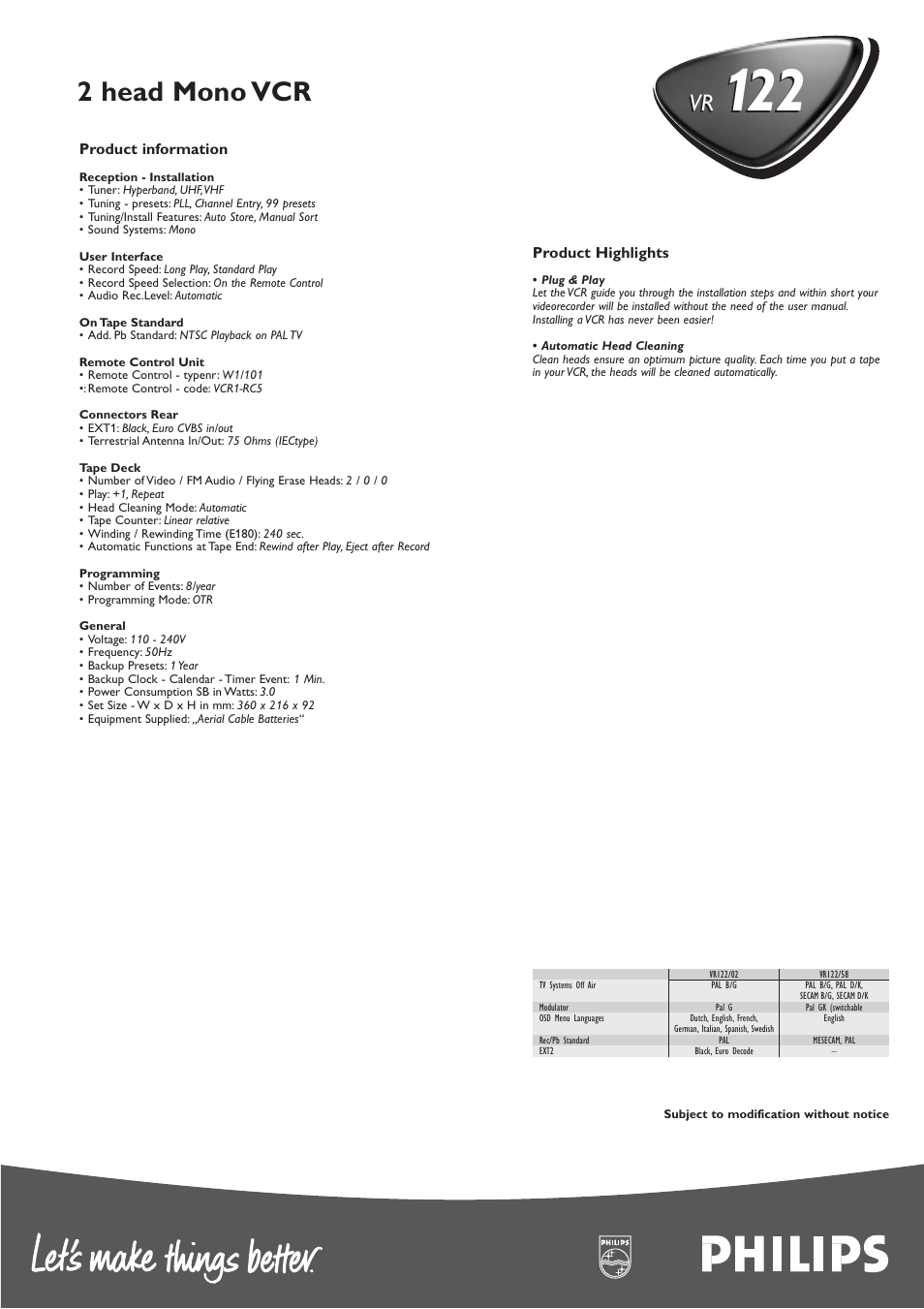 2 head mono vcr | Philips VR122 User Manual | Page 2 / 2