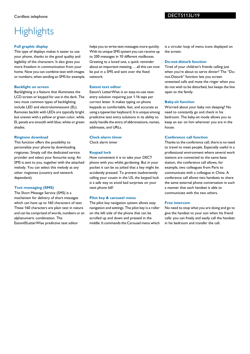 Highlights | Philips DECT5113L User Manual | Page 2 / 3