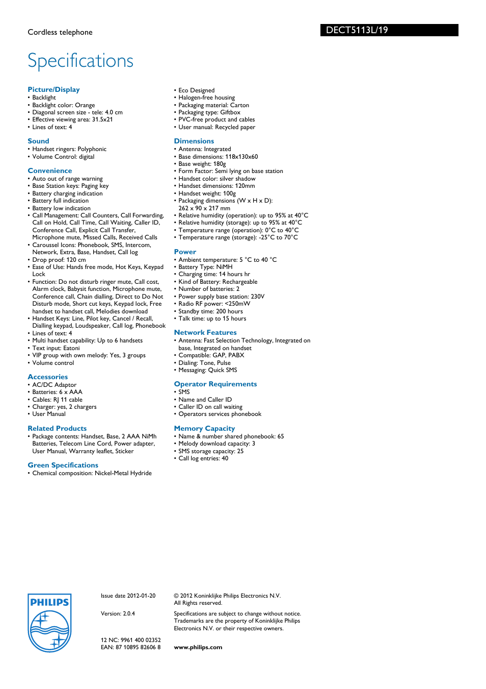 Specifications | Philips DECT5113L User Manual | Page 3 / 3