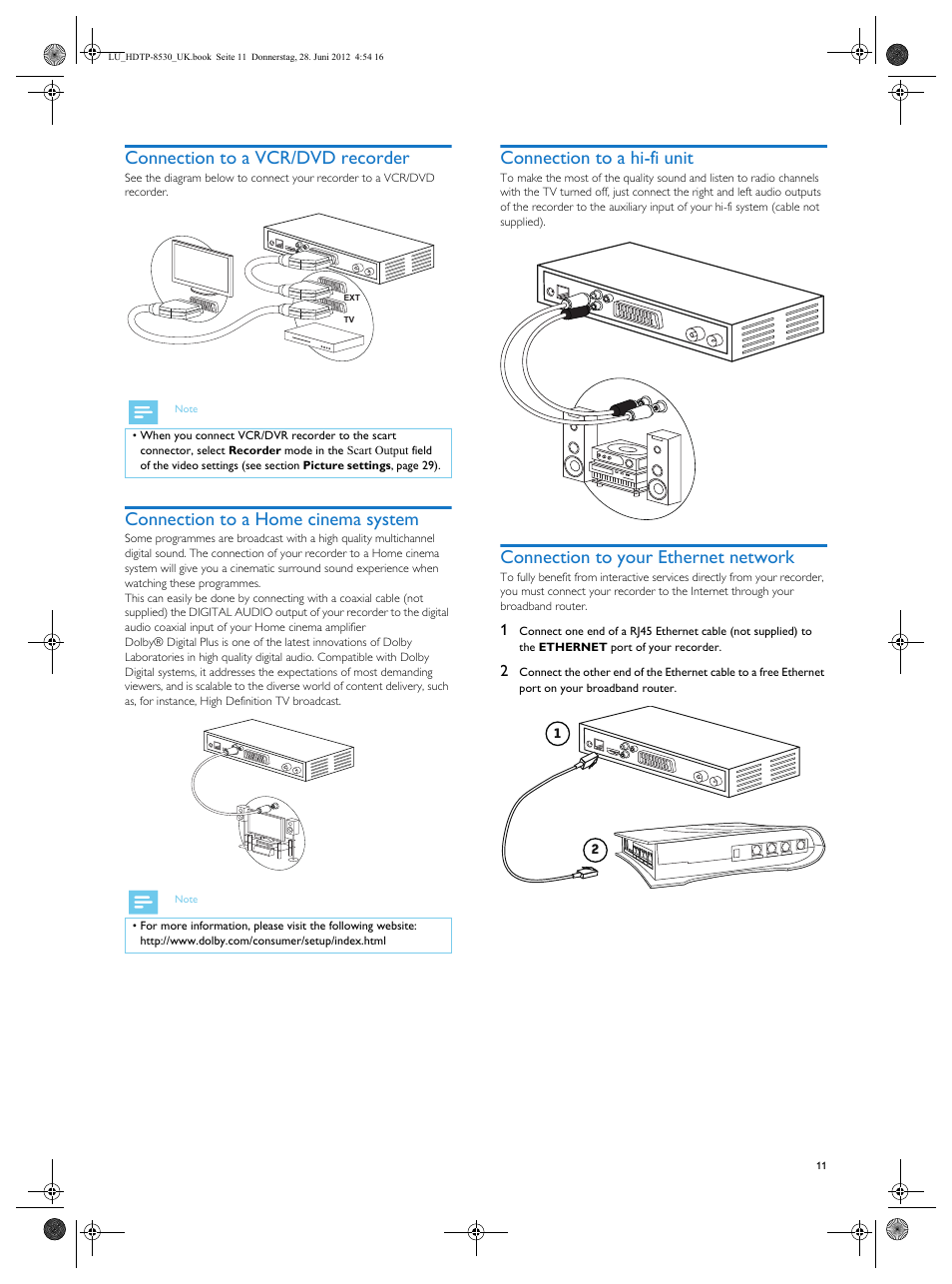Connection to a vcr/dvd recorder, Connection to a home cinema system, Connection to a hi-fi unit | Connection to your ethernet network | Philips HDTP 8540 User Manual | Page 11 / 40