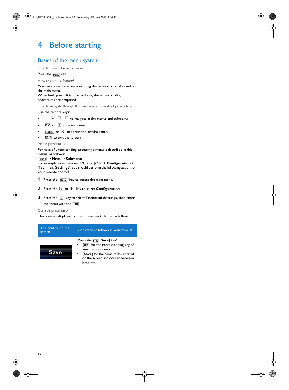 4 before starting, Before starting, Basics of the menu system | Philips HDTP 8540 User Manual | Page 12 / 40