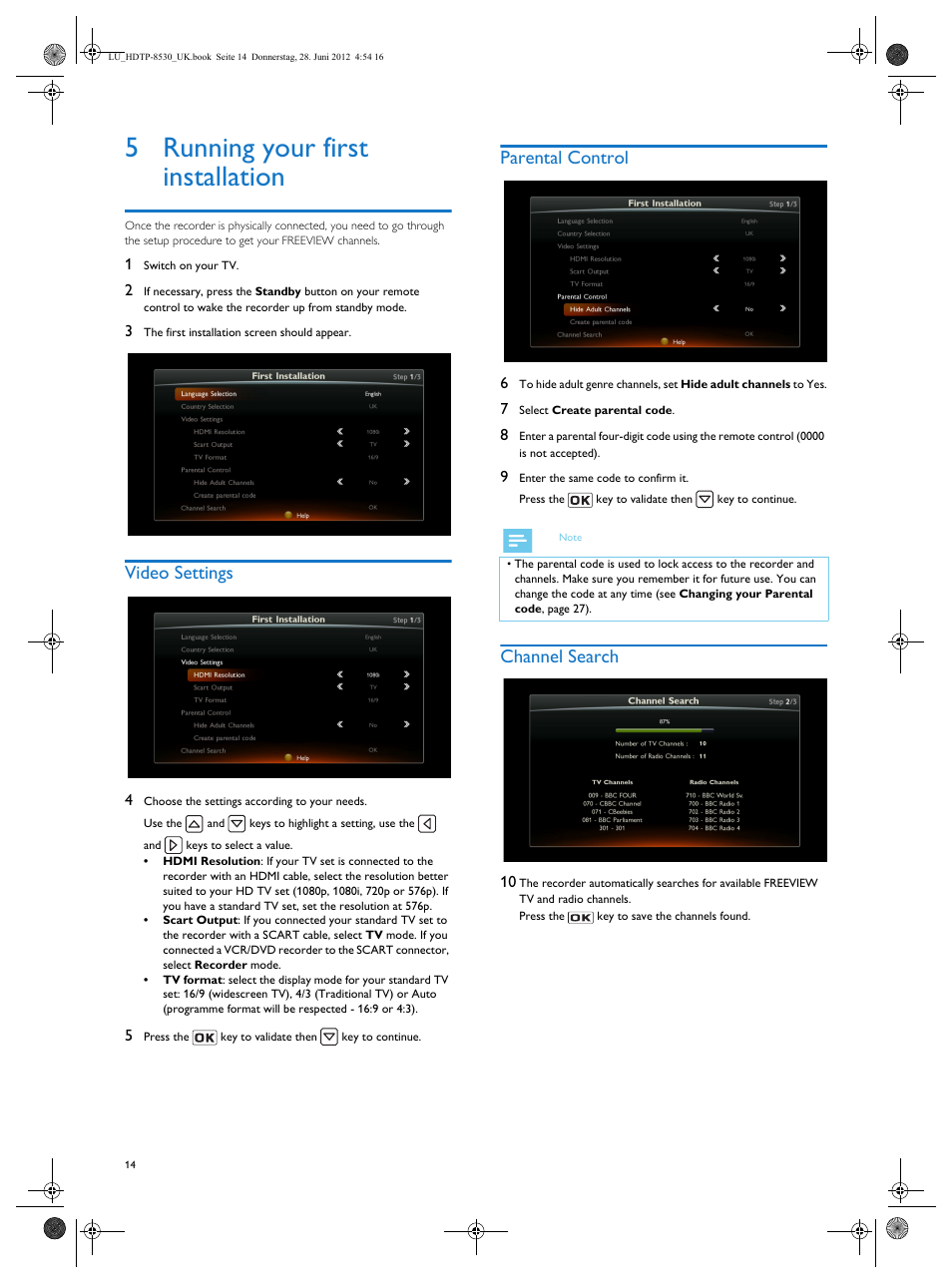 5 running your first installation, Video settings, Parental control | Channel search, Running your first installation | Philips HDTP 8540 User Manual | Page 14 / 40