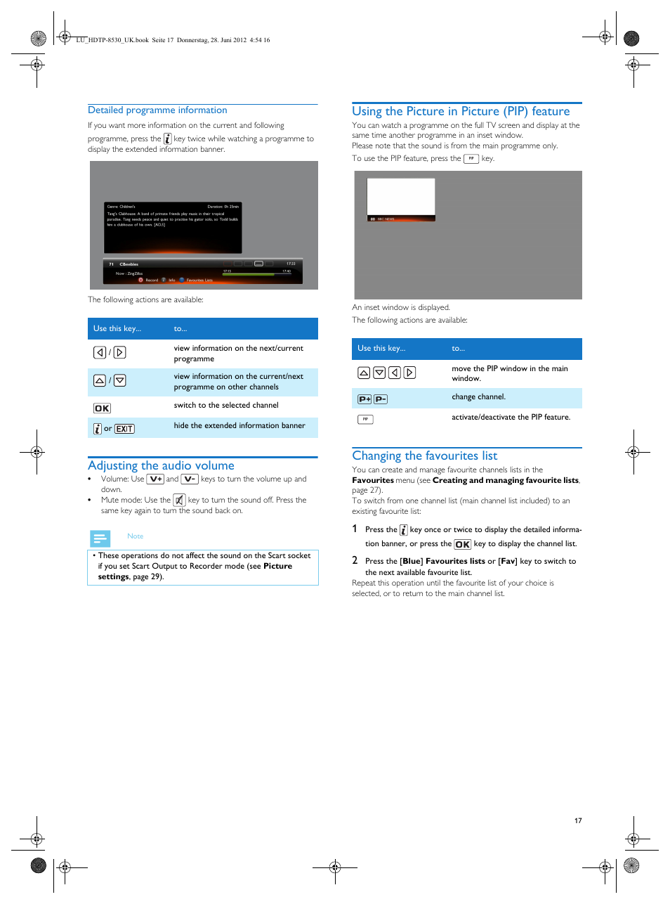 Adjusting the audio volume, Using the picture in picture (pip) feature, Changing the favourites list | Philips HDTP 8540 User Manual | Page 17 / 40