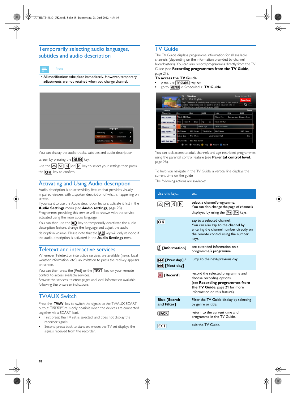 Activating and using audio description, Teletext and interactive services, Tv/aux switch | Tv guide, Description | Philips HDTP 8540 User Manual | Page 18 / 40
