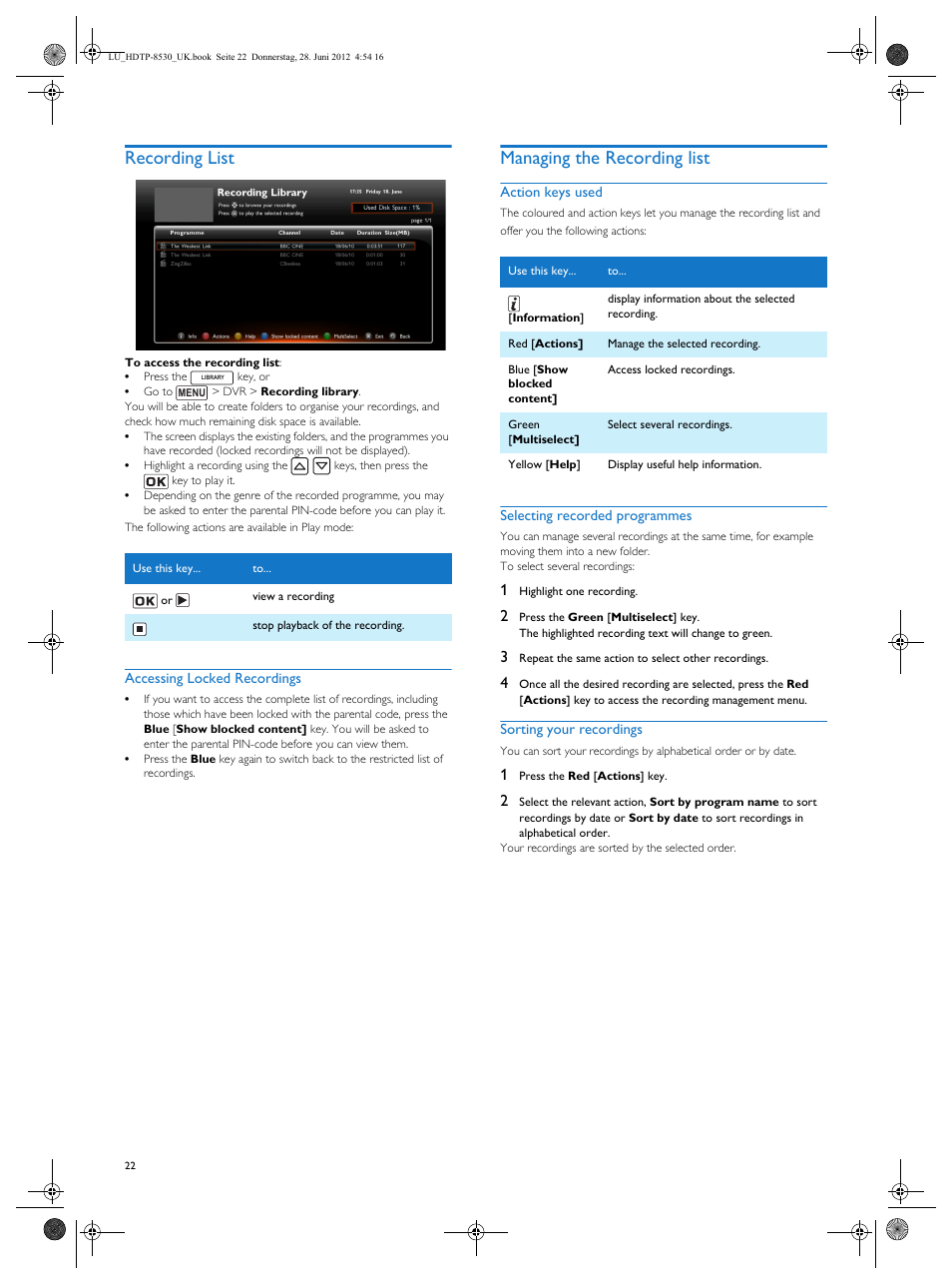 Recording list, Managing the recording list | Philips HDTP 8540 User Manual | Page 22 / 40
