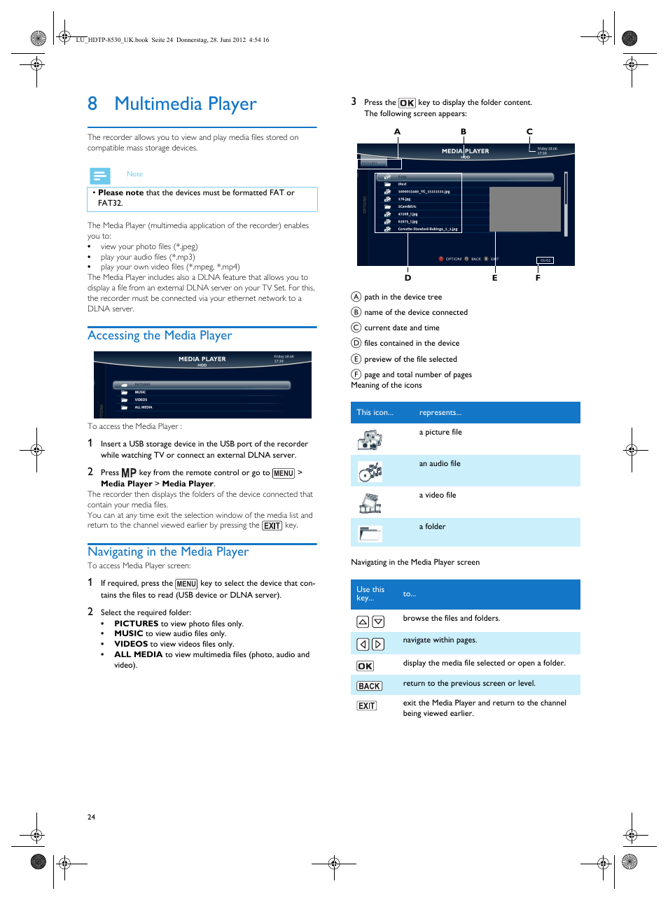 8 multimedia player, Accessing the media player, Navigating in the media player | Multimedia player | Philips HDTP 8540 User Manual | Page 24 / 40