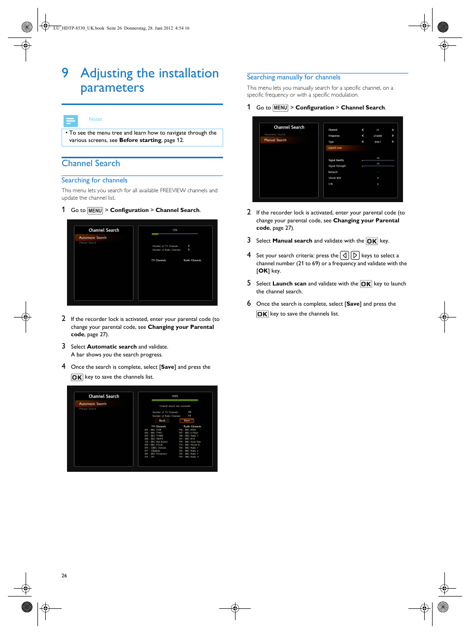 9 adjusting the installation parameters, Channel search, Adjusting the installation parameters | Philips HDTP 8540 User Manual | Page 26 / 40