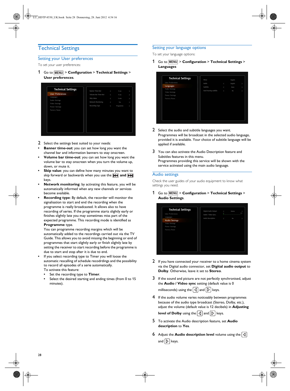 Technical settings | Philips HDTP 8540 User Manual | Page 28 / 40