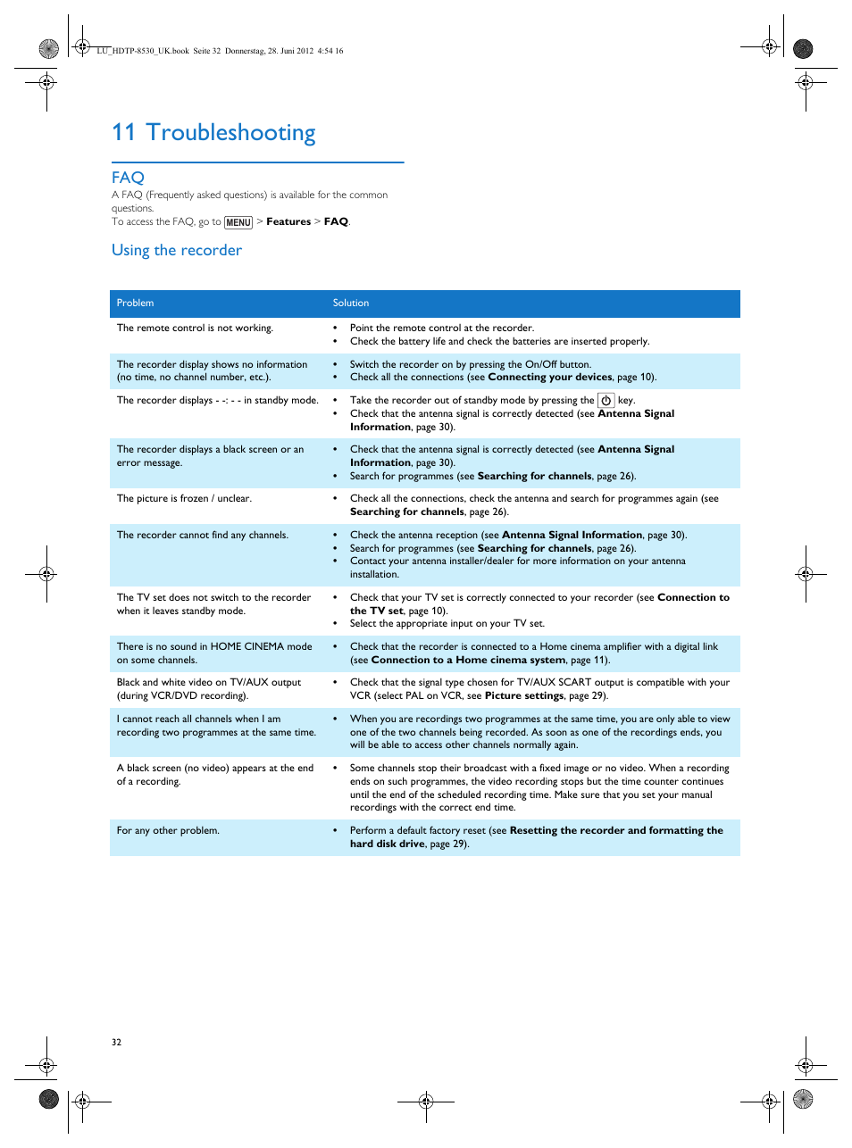 11 troubleshooting, Troubleshooting, Using the recorder | Philips HDTP 8540 User Manual | Page 32 / 40