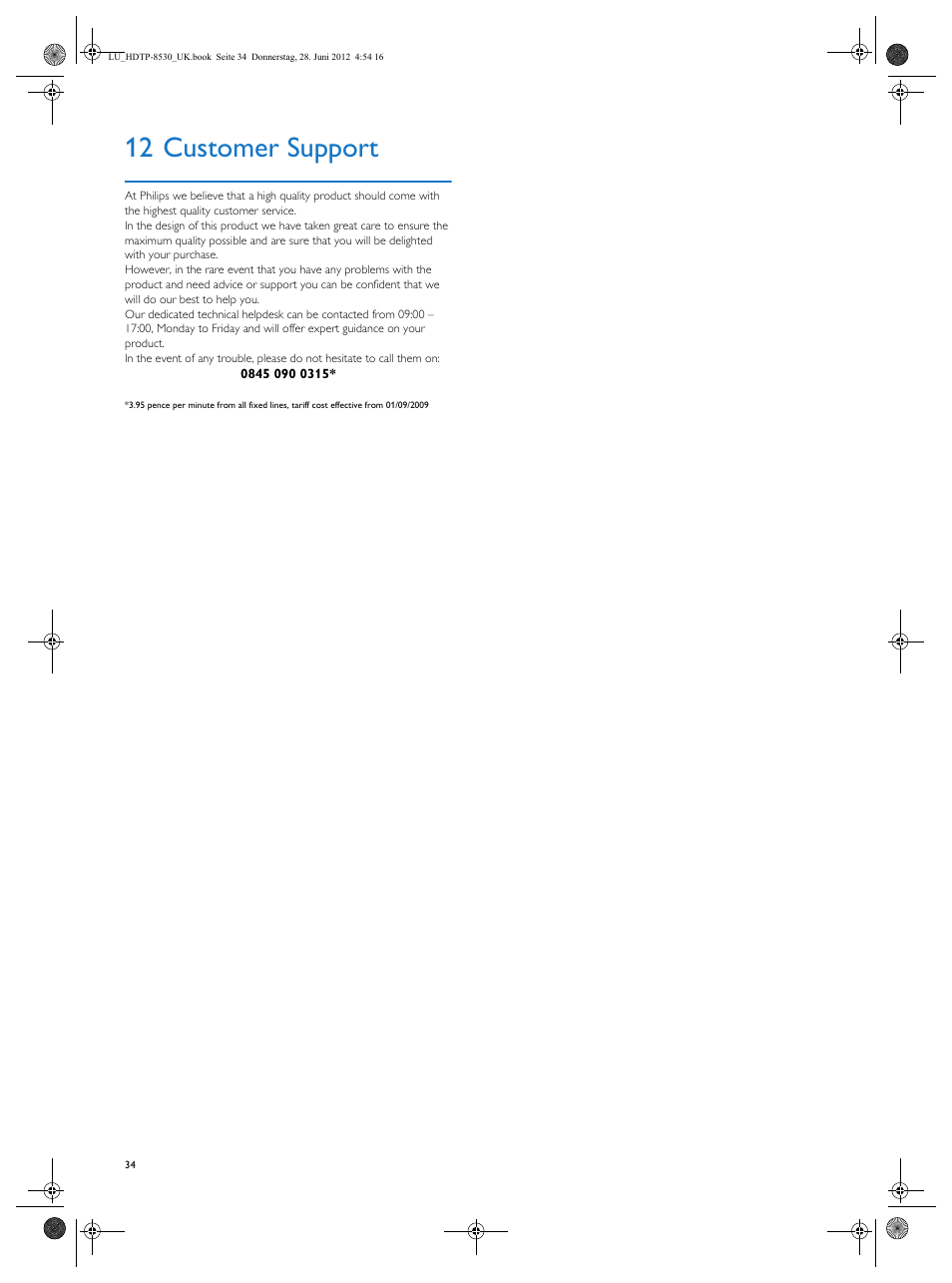 12 customer support, Customer support | Philips HDTP 8540 User Manual | Page 34 / 40