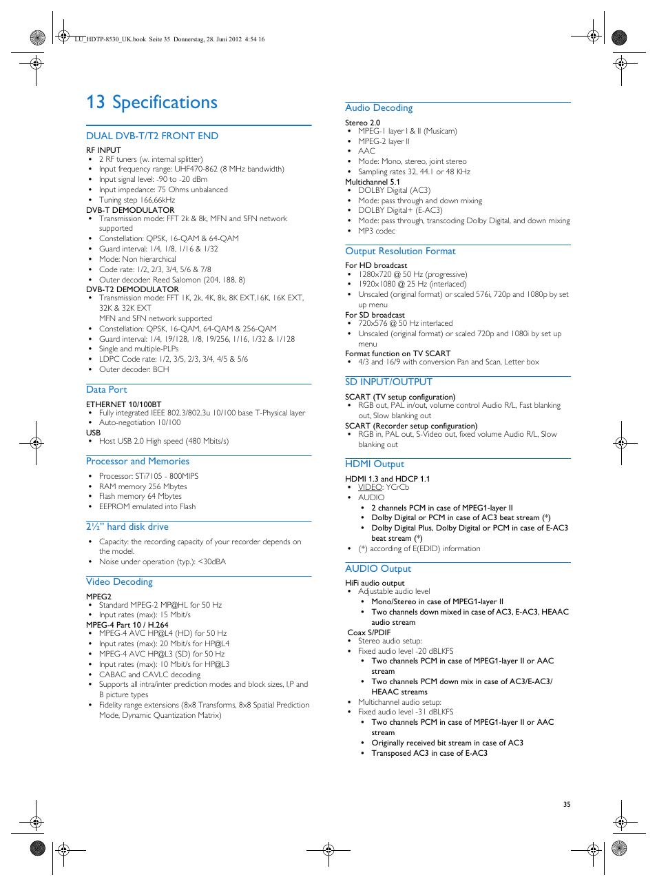 13 specifications, Specifications | Philips HDTP 8540 User Manual | Page 35 / 40