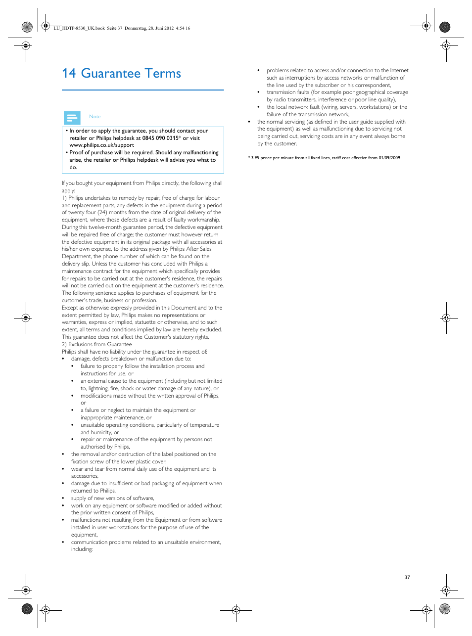 14 guarantee terms, Guarantee terms | Philips HDTP 8540 User Manual | Page 37 / 40