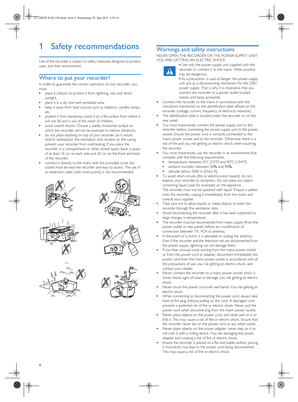 1 safety recommendations, Where to put your recorder, Warnings and safety instructions | Safety recommendations | Philips HDTP 8540 User Manual | Page 4 / 40