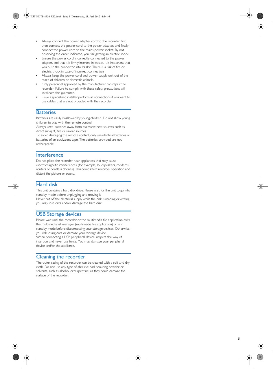 Batteries, Interference, Hard disk | Usb storage devices, Cleaning the recorder | Philips HDTP 8540 User Manual | Page 5 / 40
