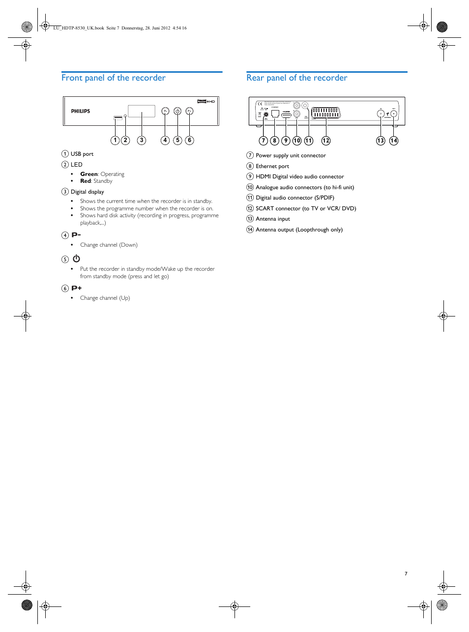 Front panel of the recorder, Rear panel of the recorder | Philips HDTP 8540 User Manual | Page 7 / 40