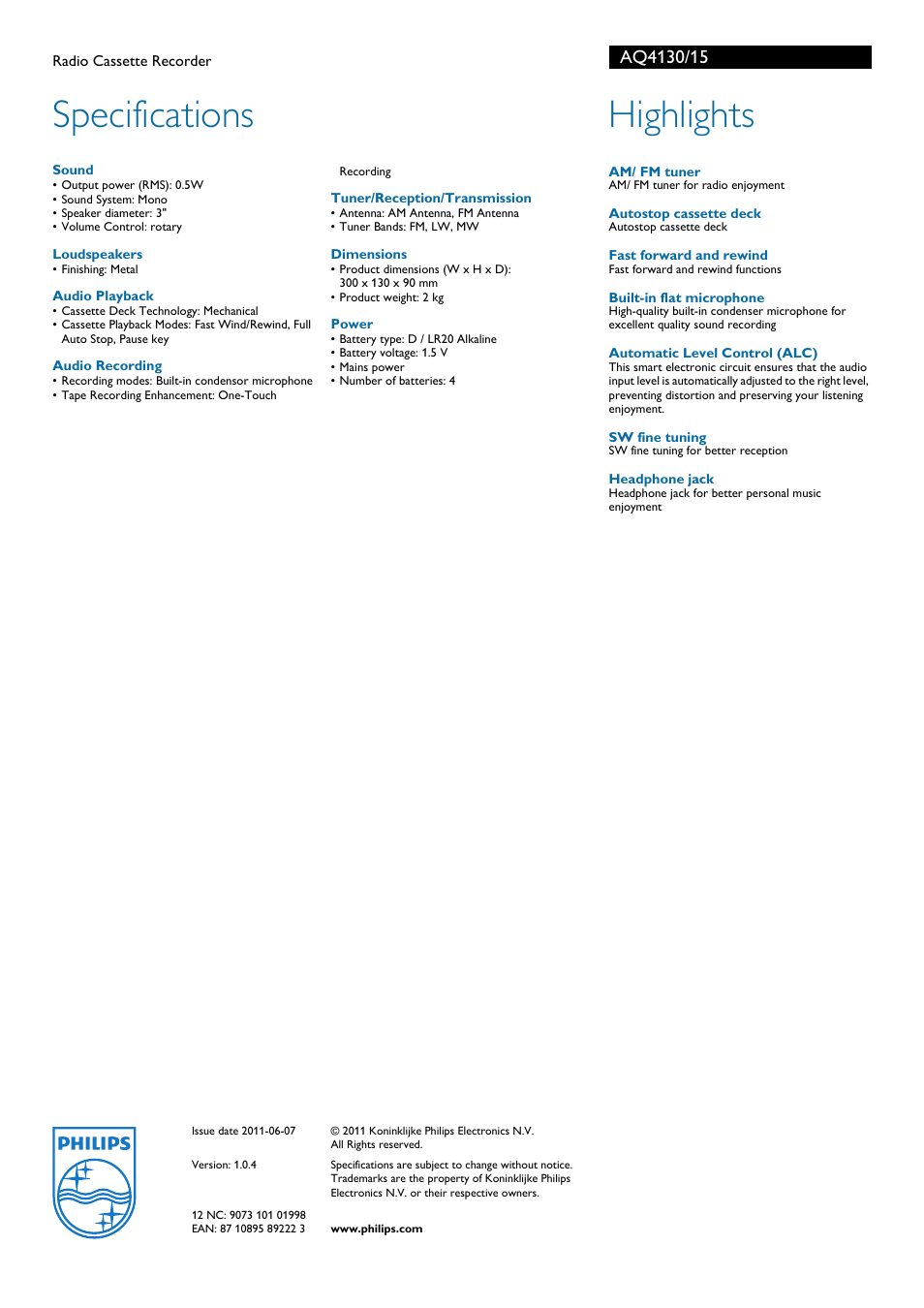 Specifications highlights, Philips | Philips AQ 4130 User Manual | Page 2 / 2