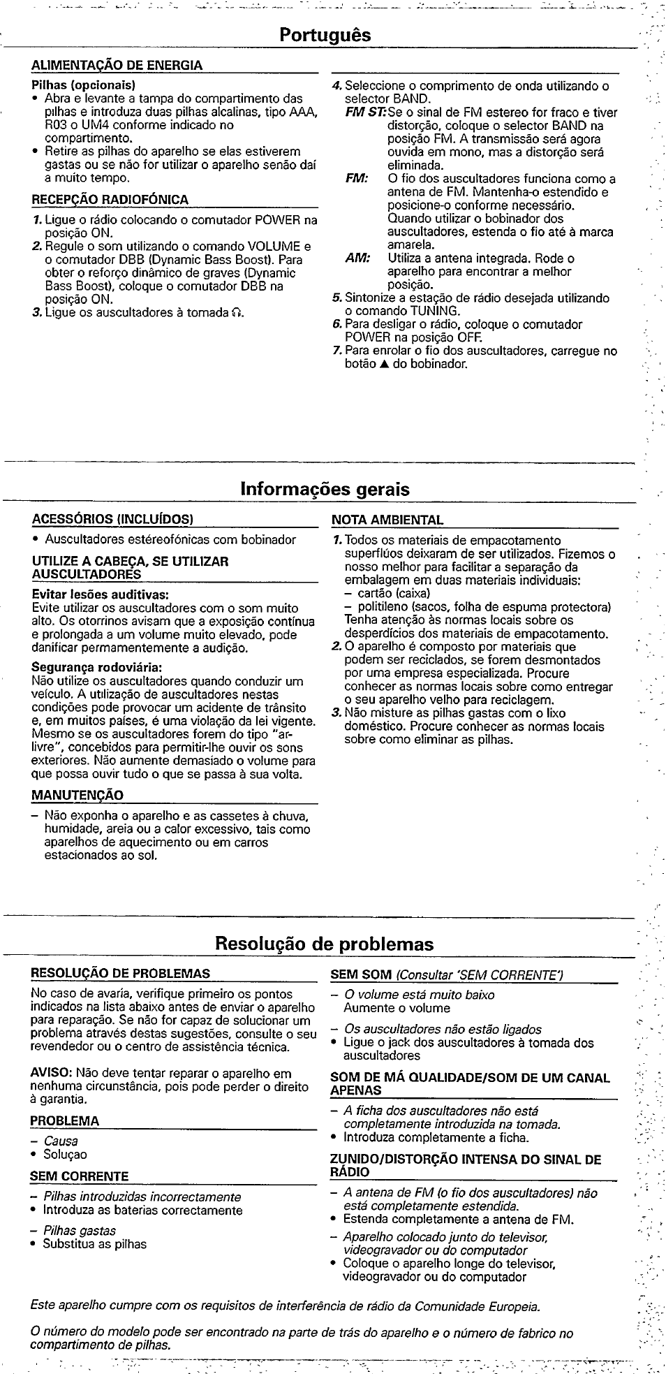 Portugués, Informaçôes gérais, Resoluçâo de problemas | Philips AE6545/00 User Manual | Page 5 / 5