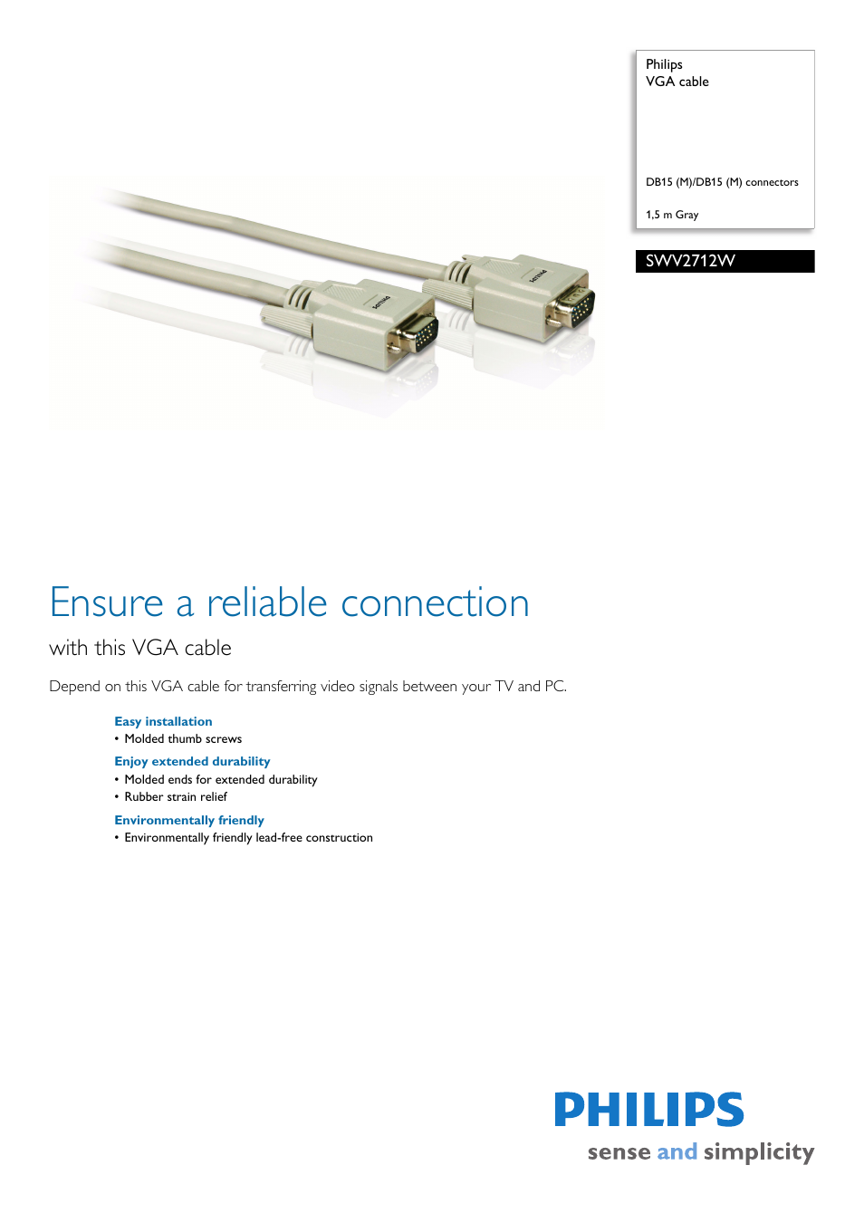 Philips VGA Cable SWV2712W User Manual | 2 pages