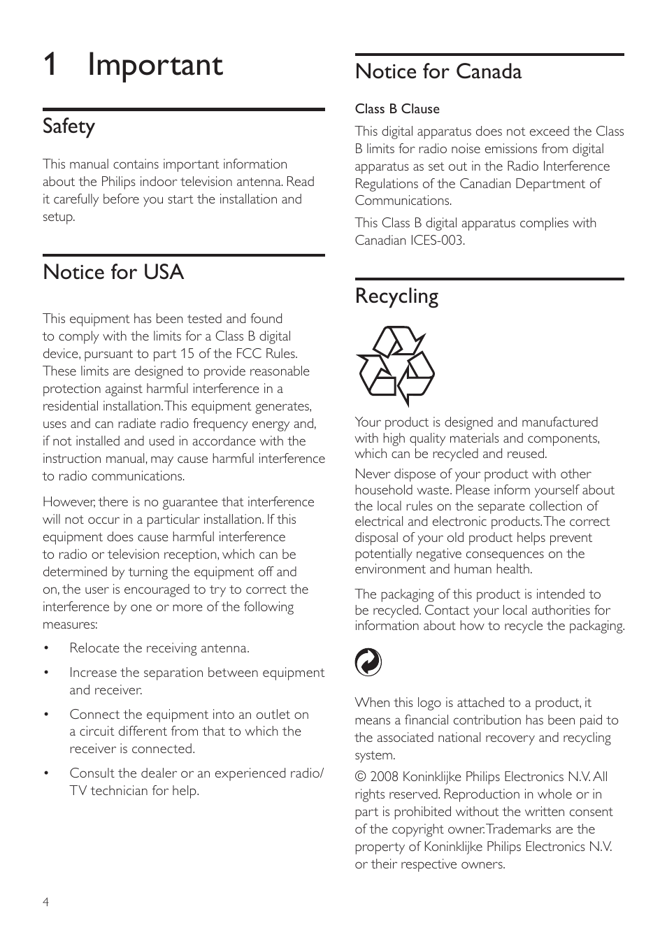 1 important, Safety, Notice for usa | Notice for canada, Recycling | Philips SDV6122/27 User Manual | Page 4 / 10