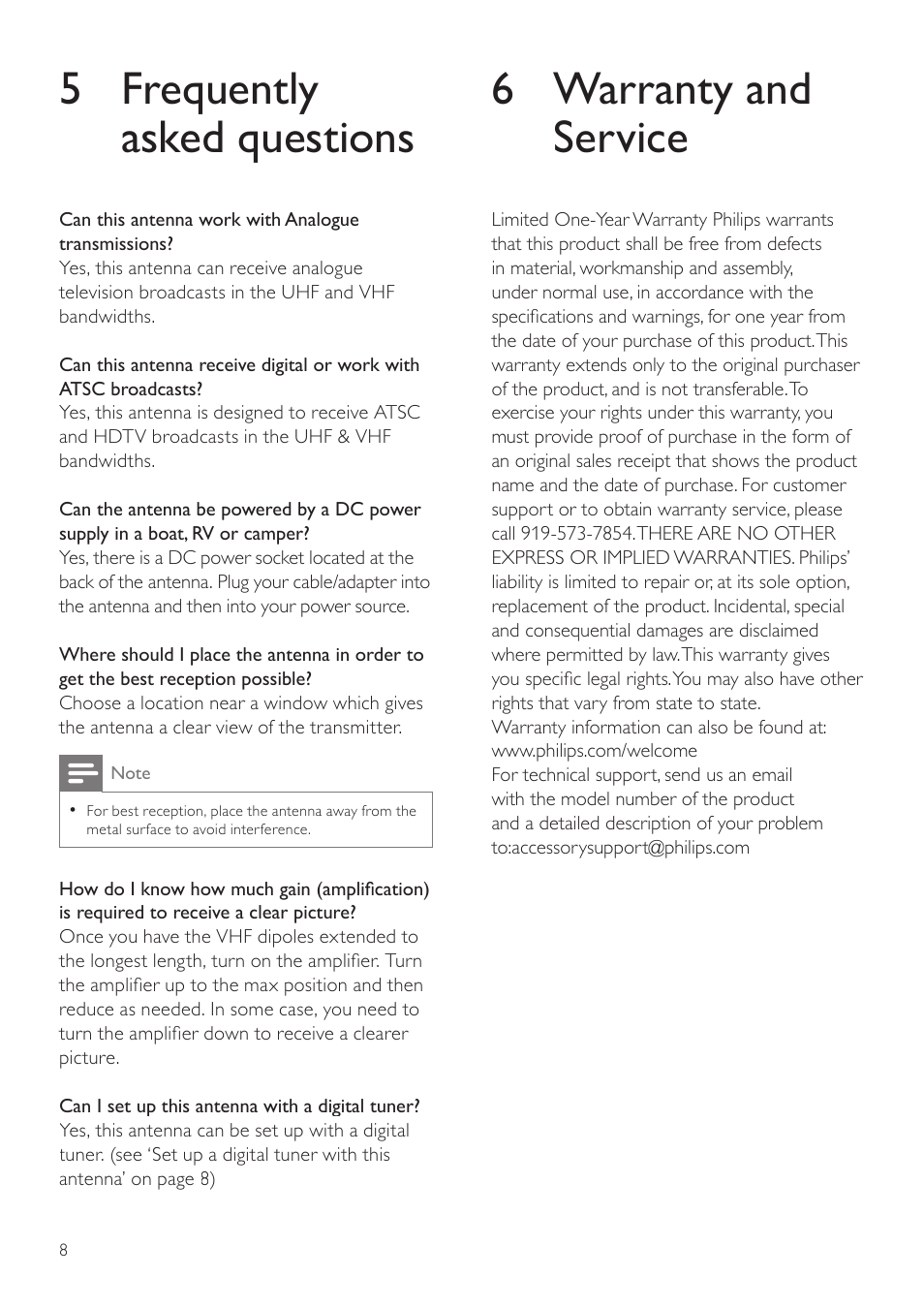 5 frequently asked questions, 6 warranty and service | Philips SDV6122/27 User Manual | Page 8 / 10