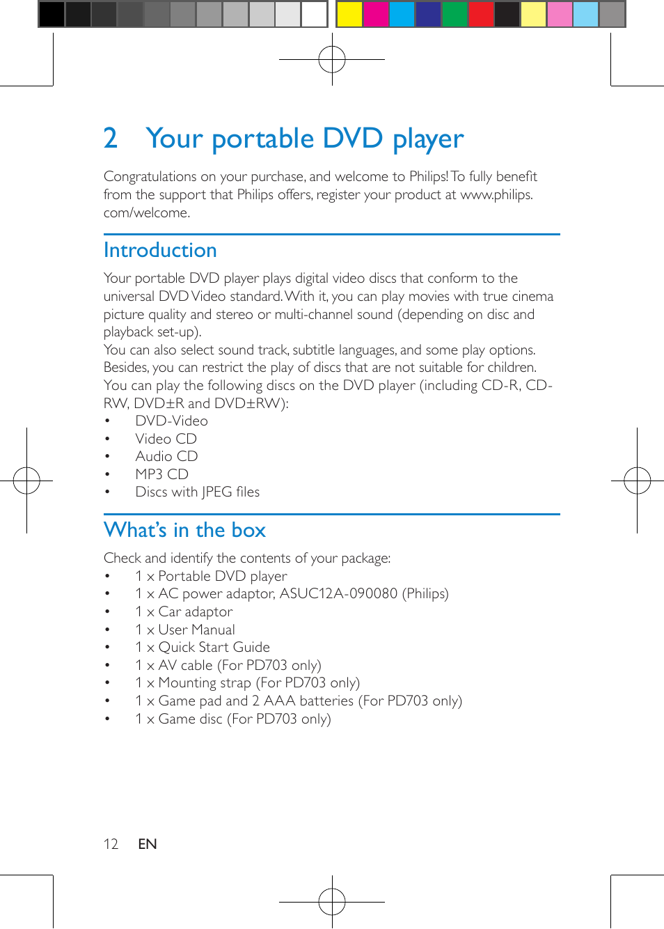 2 your portable dvd player, Introduction, What’s in the box | Philips PD703/37 User Manual | Page 14 / 24
