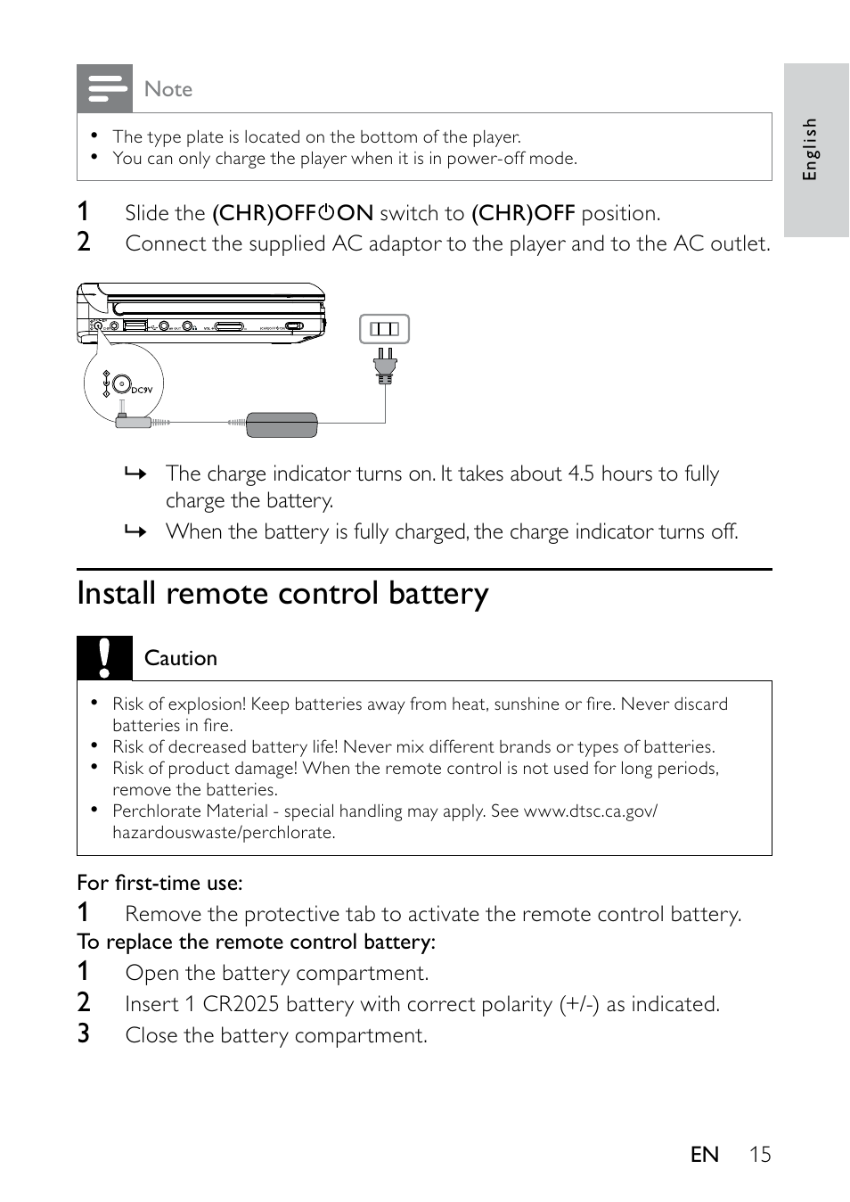 Install remote control battery | Philips PET736/55 User Manual | Page 14 / 23