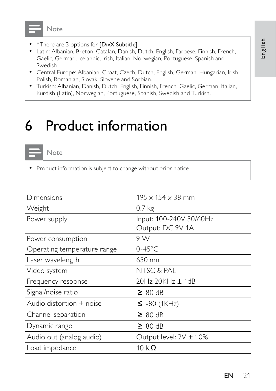 Adjust brightness of screen backlight, En at a moderate volume, 6 product information | Philips PET736/55 User Manual | Page 20 / 23