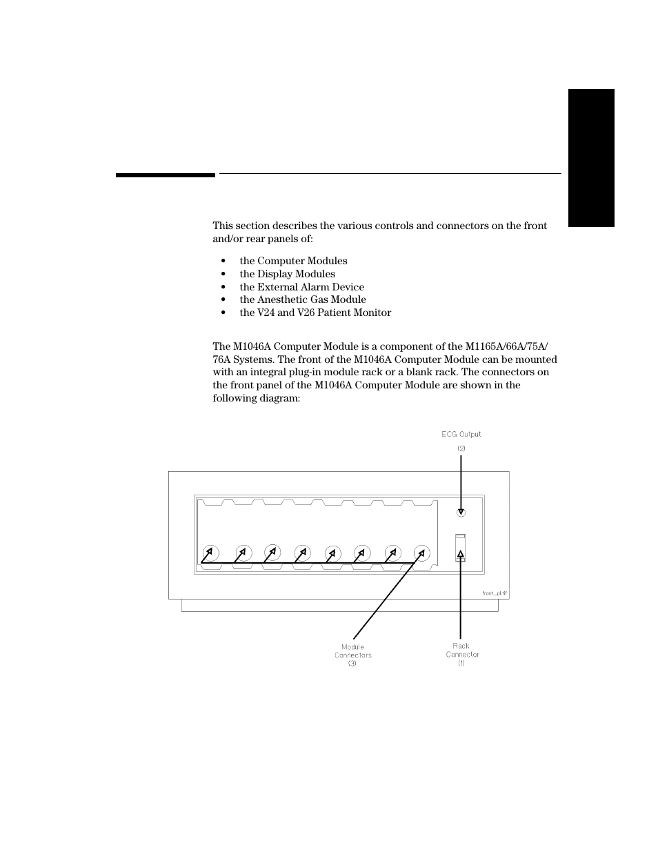 Controls and connectors, The front panel of the m1046a computer module, Controls and connectors -17 | The front panel of the m1046a computer module -17 | Philips V24CT User Manual | Page 333 / 392