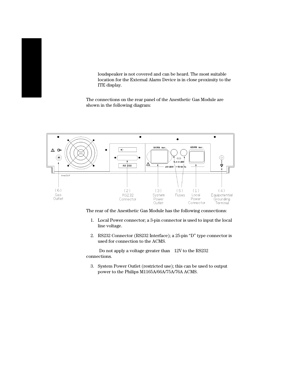 The rear panel of the m1026a anesthetic gas module | Philips V24CT User Manual | Page 346 / 392