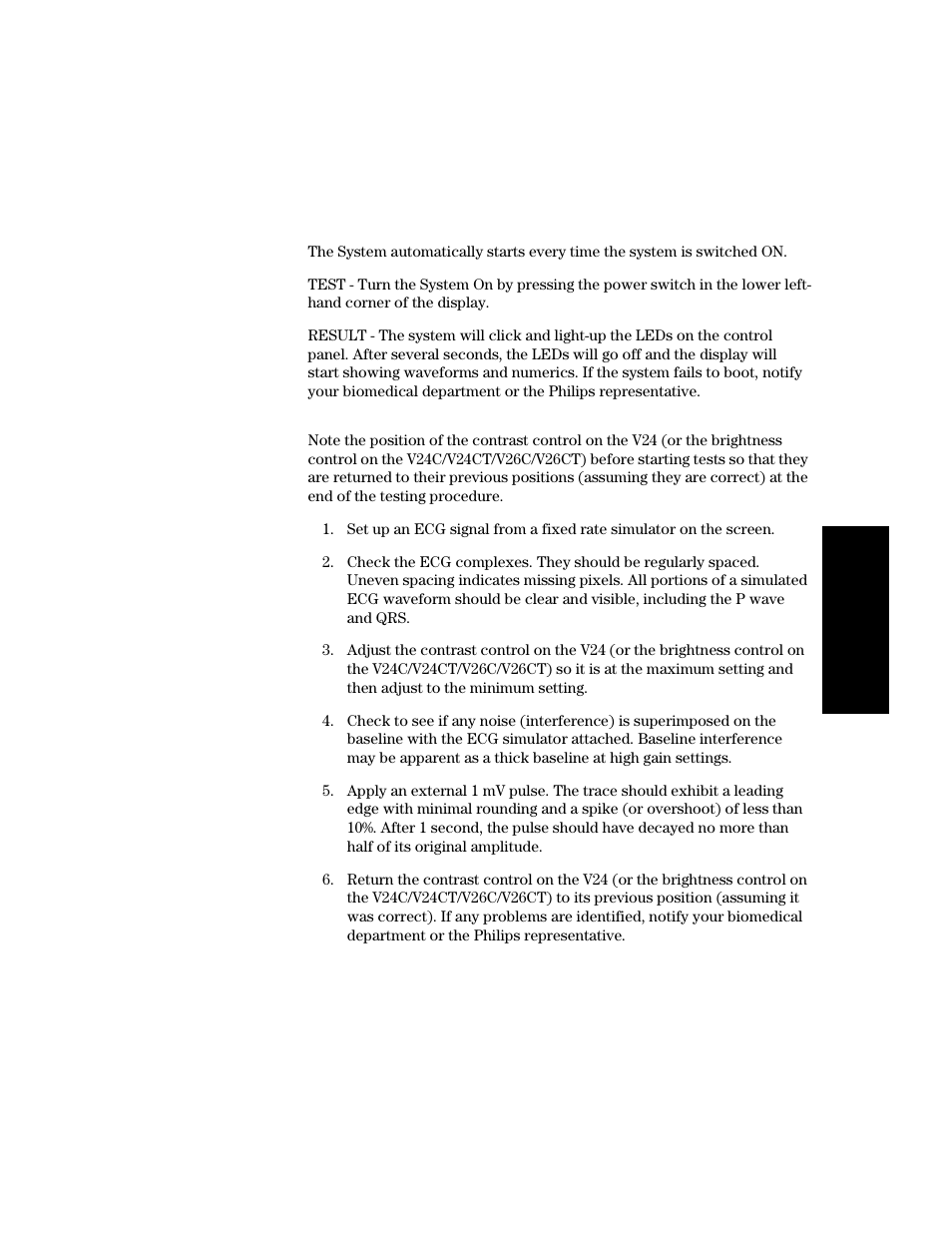 Perform a start-up sequence test of the system, Verify the integrity of the display | Philips V24CT User Manual | Page 375 / 392