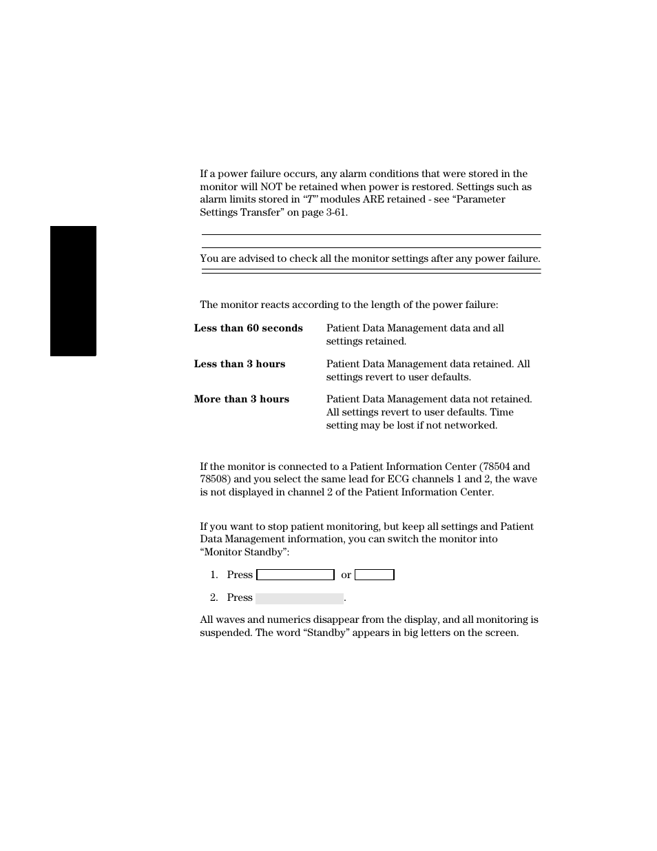 Power failure, Patient information center, Monitor standby | Philips V24CT User Manual | Page 72 / 392
