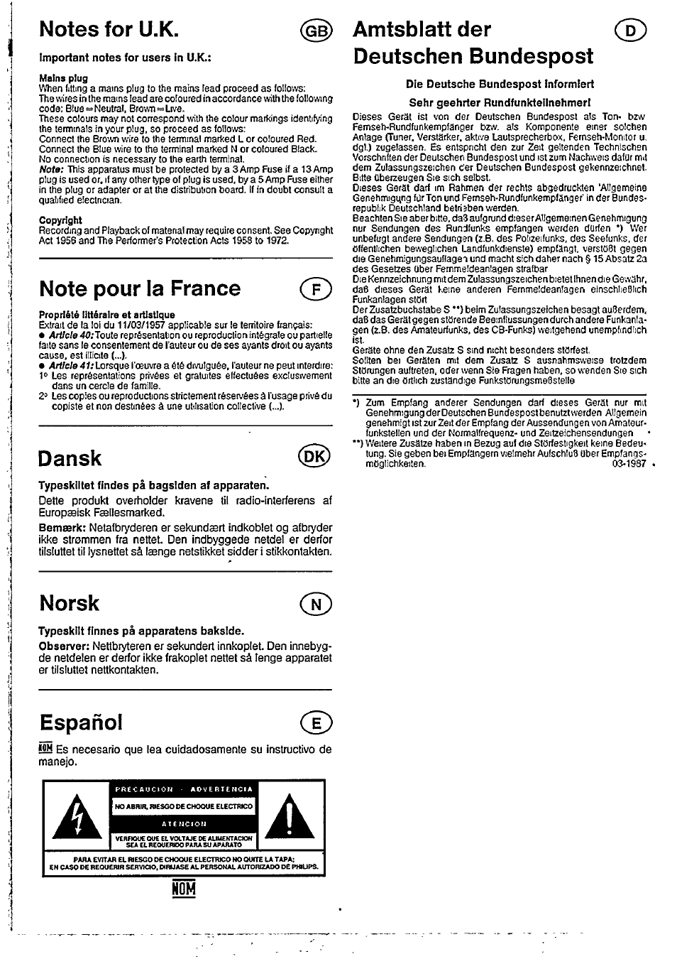 Notes for u.k, Note pour la france, Dansk | Norsk, Español, Amtsblatt der deutschen bundespost | Philips AQ 5191 User Manual | Page 2 / 8