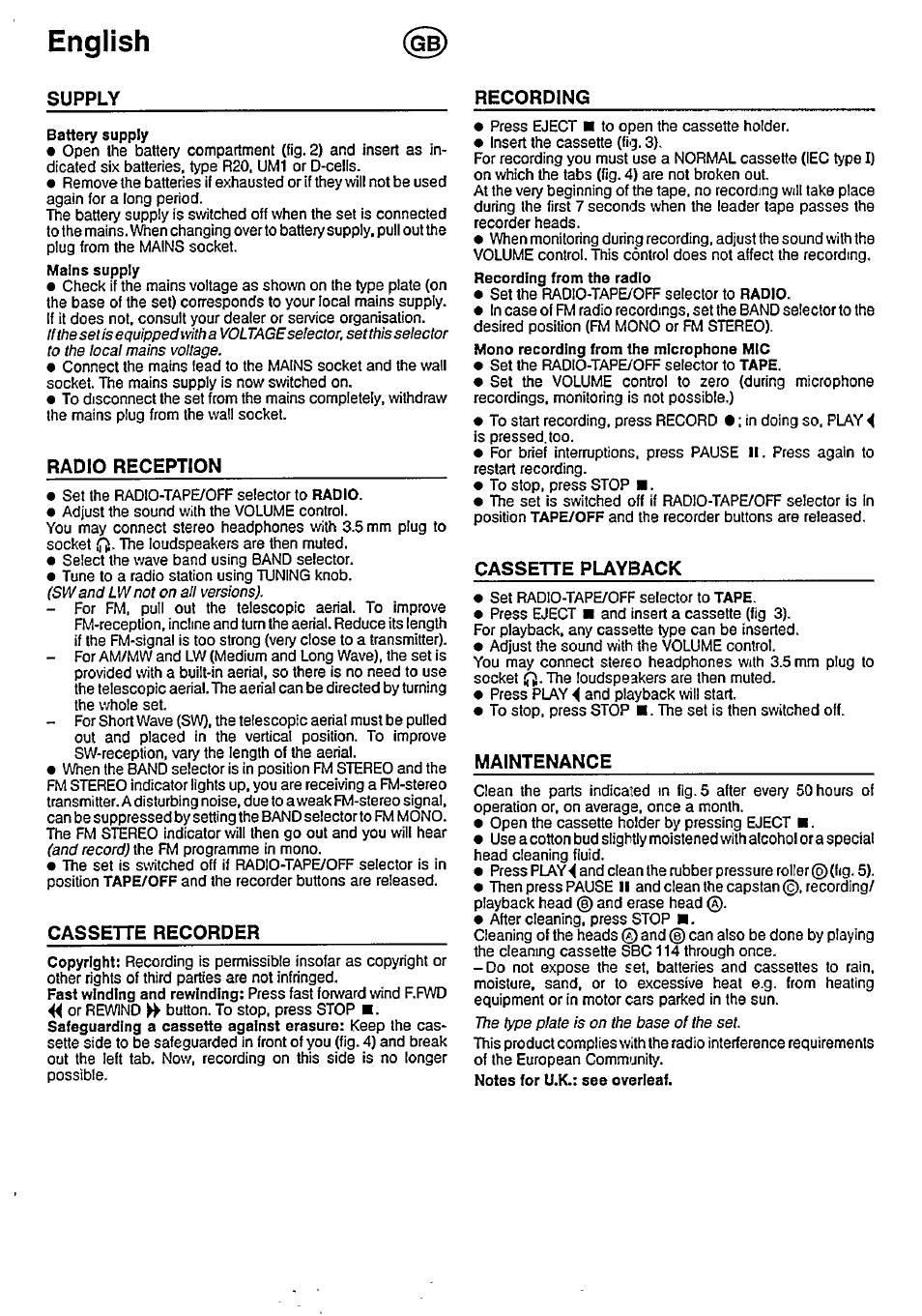 English, Supply recording, Radio reception | Cassette recorder, Cassette playback, Maintenance | Philips AQ 5191 User Manual | Page 5 / 8